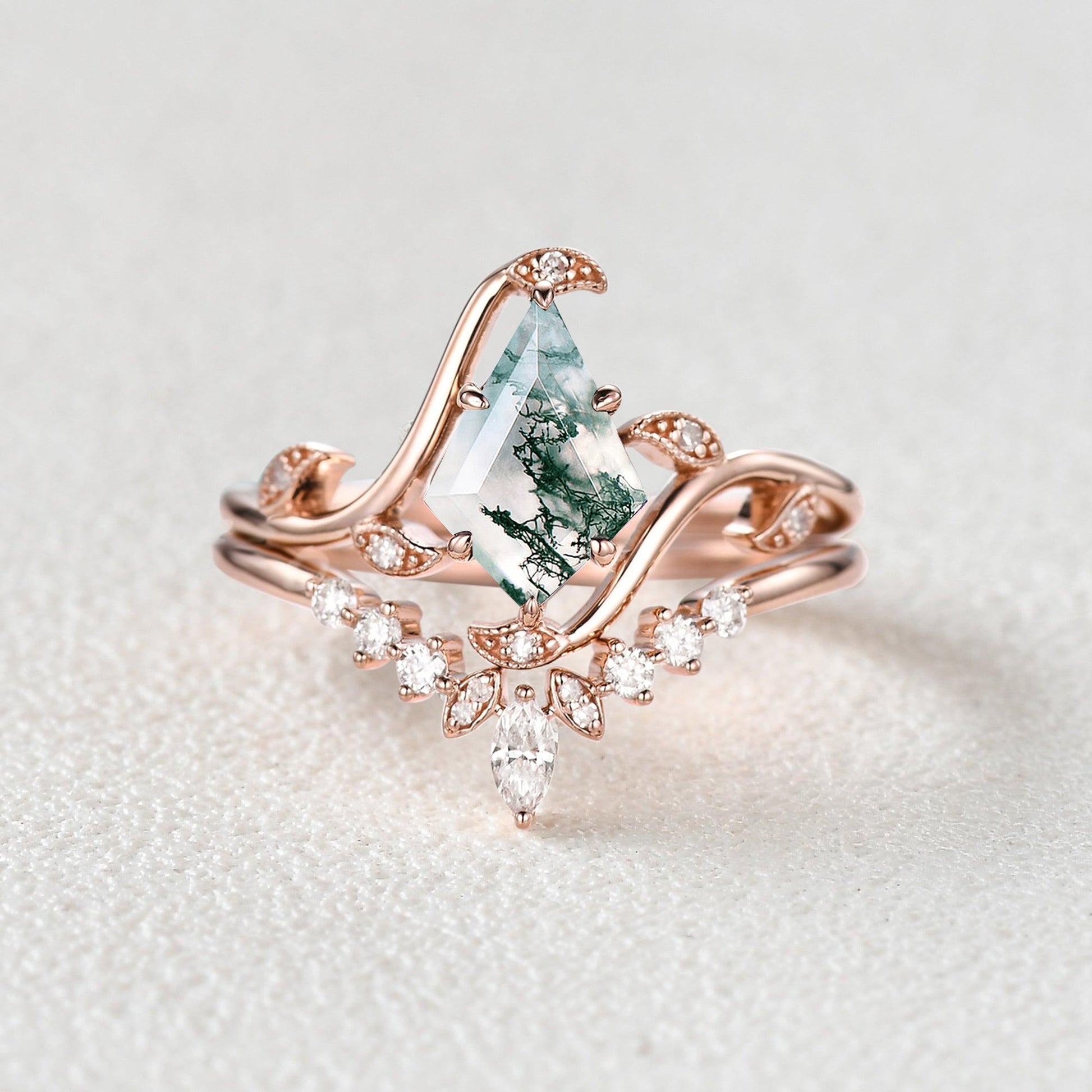 Unique Kite Cut Moss Agate Leafy Engagement Ring Sets 2pcs - Ivy