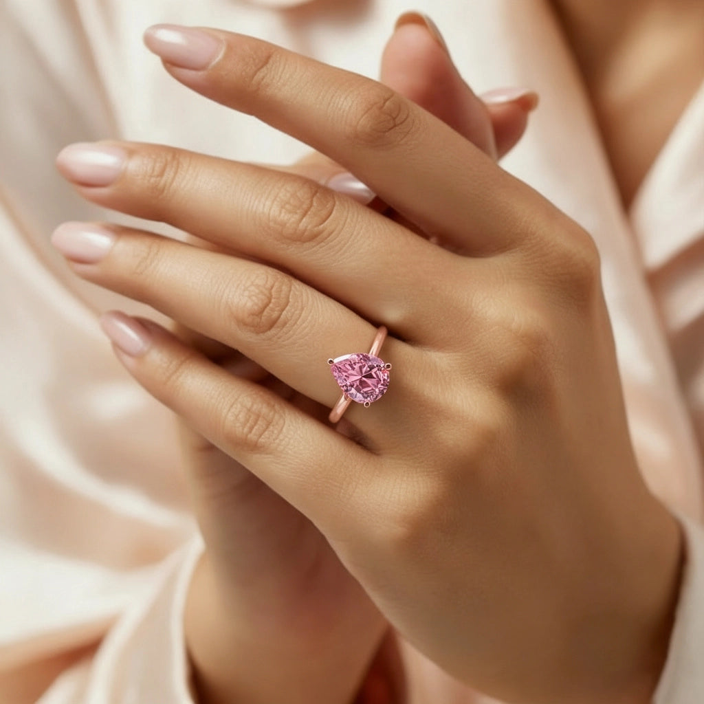 Celina 3CT Pear Cut Pink Solitaire Gemstone Ring