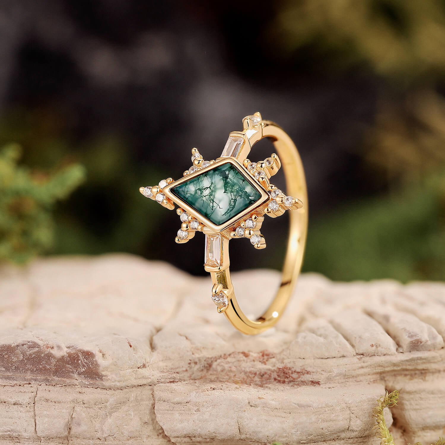 Nature Kite Cut Moss Agate Engagement Ring Set