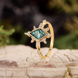 Nature Kite Cut Moss Agate Engagement Ring Set