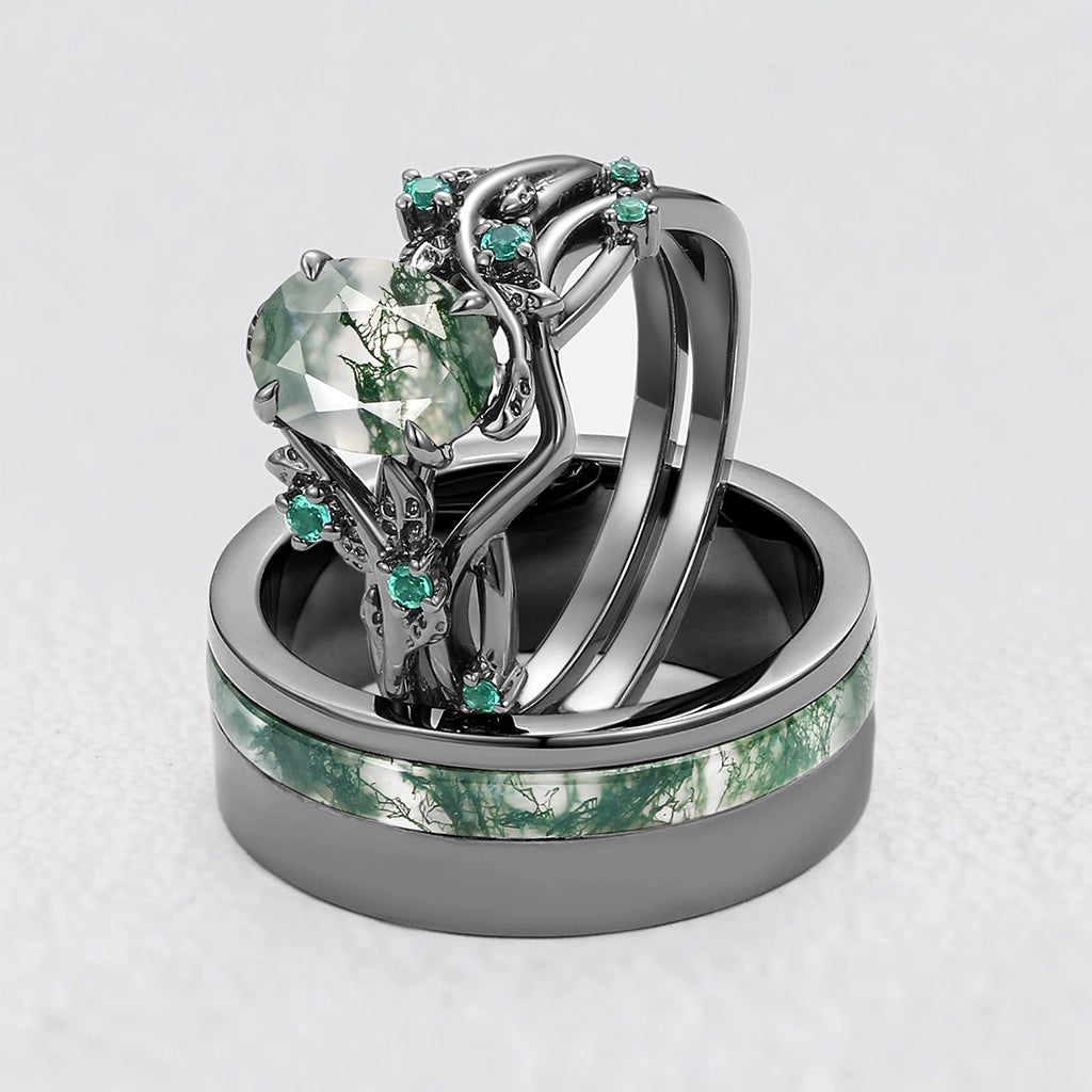 Sylvie’s Shadow | Black Gold & Oval Moss Agate Couple Ring Set 3pcs