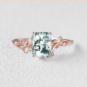 Sheryl Emerald Cut Moss Agate Leafy Engagement Ring