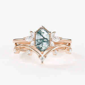 Fairy Ring - 1.5ct Hexagon Moss Agate Floral Inspired Ring Set 2PCS