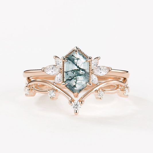 Fairy Ring - 1.5ct Hexagon Moss Agate Floral Inspired Ring Set 2PCS