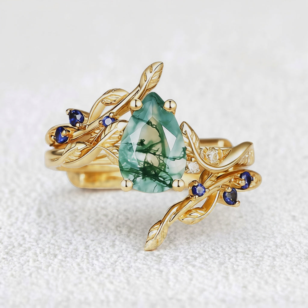 Hyacinthe Moss Agate & Sapphire Engagement Enhancer Ring Set 2pcs