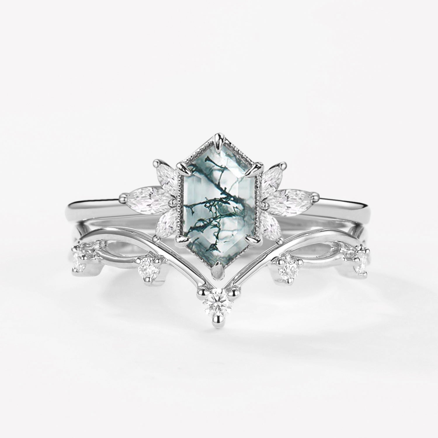 Fairy Ring - 1.5ct Hexagon Moss Agate Floral Inspired Ring Set 2PCS