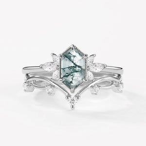 Fairy Ring - 1.5ct Hexagon Moss Agate Floral Inspired Ring Set 2PCS