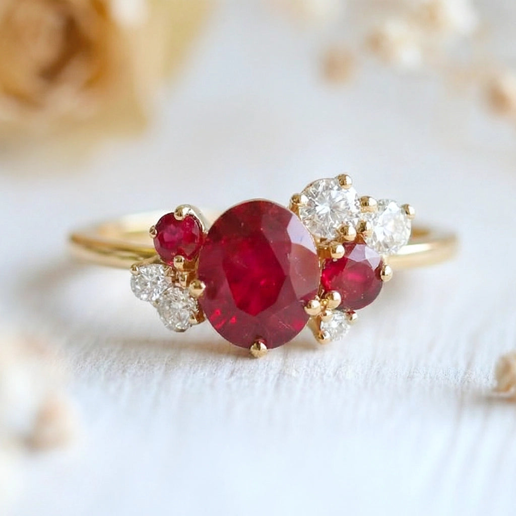 Dainty 1CT Oval Cut Ruby Halo Engagement Ring