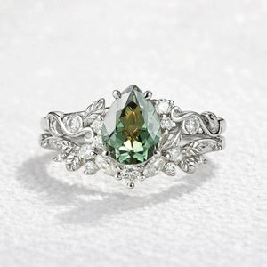 Sylvie’s Vine | Green Sapphire Leaf Wedding Ring Set 2pcs