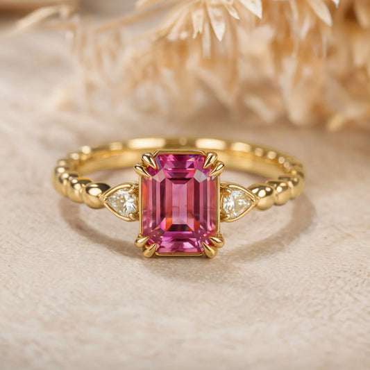 The Elowyn 2CT  Emerald-Cut Rose Pink Gemstone Ring