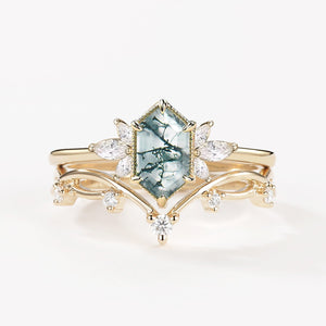 Fairy Ring - 1.5ct Hexagon Moss Agate Floral Inspired Ring Set 2PCS