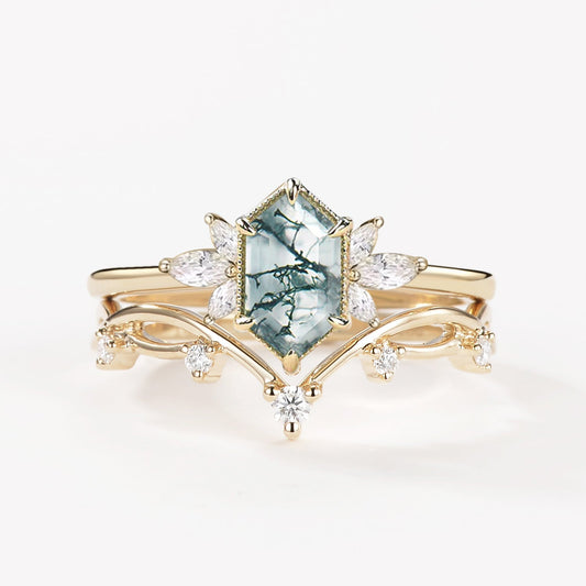 Fairy Ring - 1.5ct Hexagon Moss Agate Floral Inspired Ring Set 2PCS