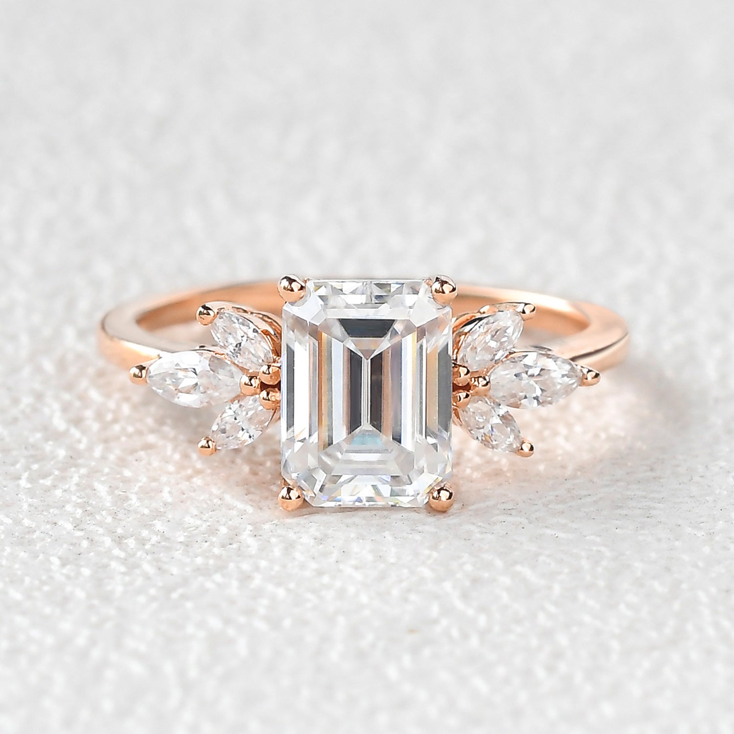 Emerald Cut Moss Agate Cluster Engagement Ring