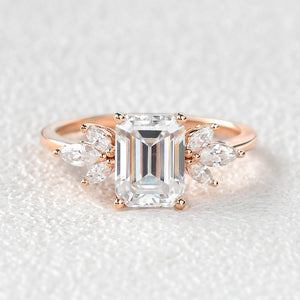 Emerald Cut Moss Agate Cluster Engagement Ring