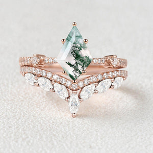 1.5ct Kite Cut Moss Agate Vintage Ring Set 2pcs