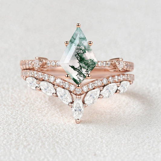 1.5ct Kite Cut Moss Agate Vintage Ring Set 2pcs