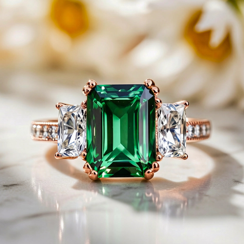 Cleo's Regal | 3CT Baguette Emerald Solitaire Statement Ring