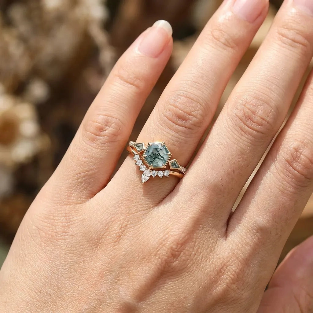 Linden’s Meadow |  Hexagon Moss Agate Three Stone Bridal Set 2pcs