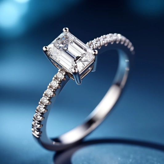 Radiant Emerald-Cut Silver Moissanite Solitaire Ring