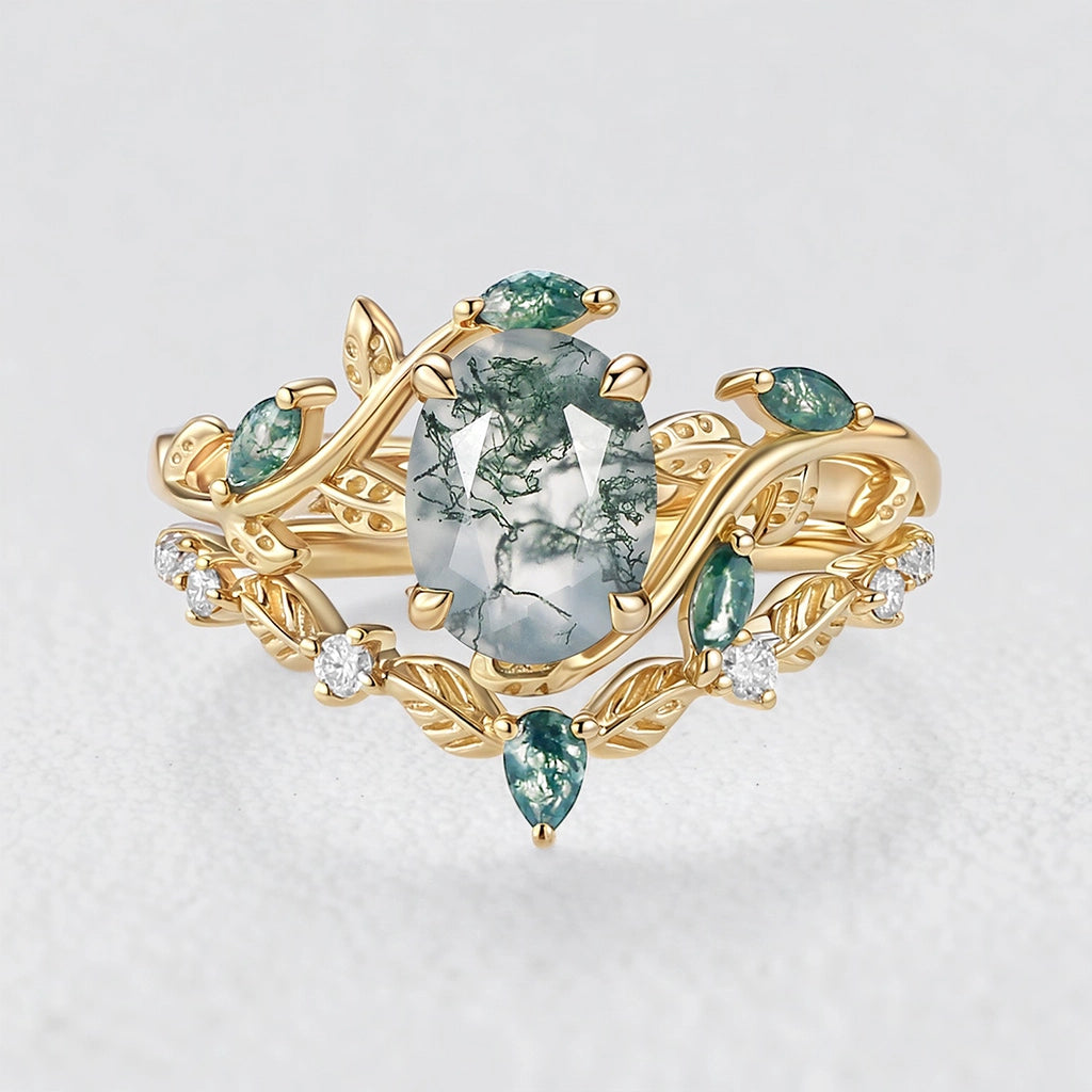 Daphne’s Vine | Oval Moss Agate Engagement Ring Set 2pcs
