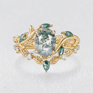 Daphne’s Vine | Oval Moss Agate Engagement Ring Set 2pcs