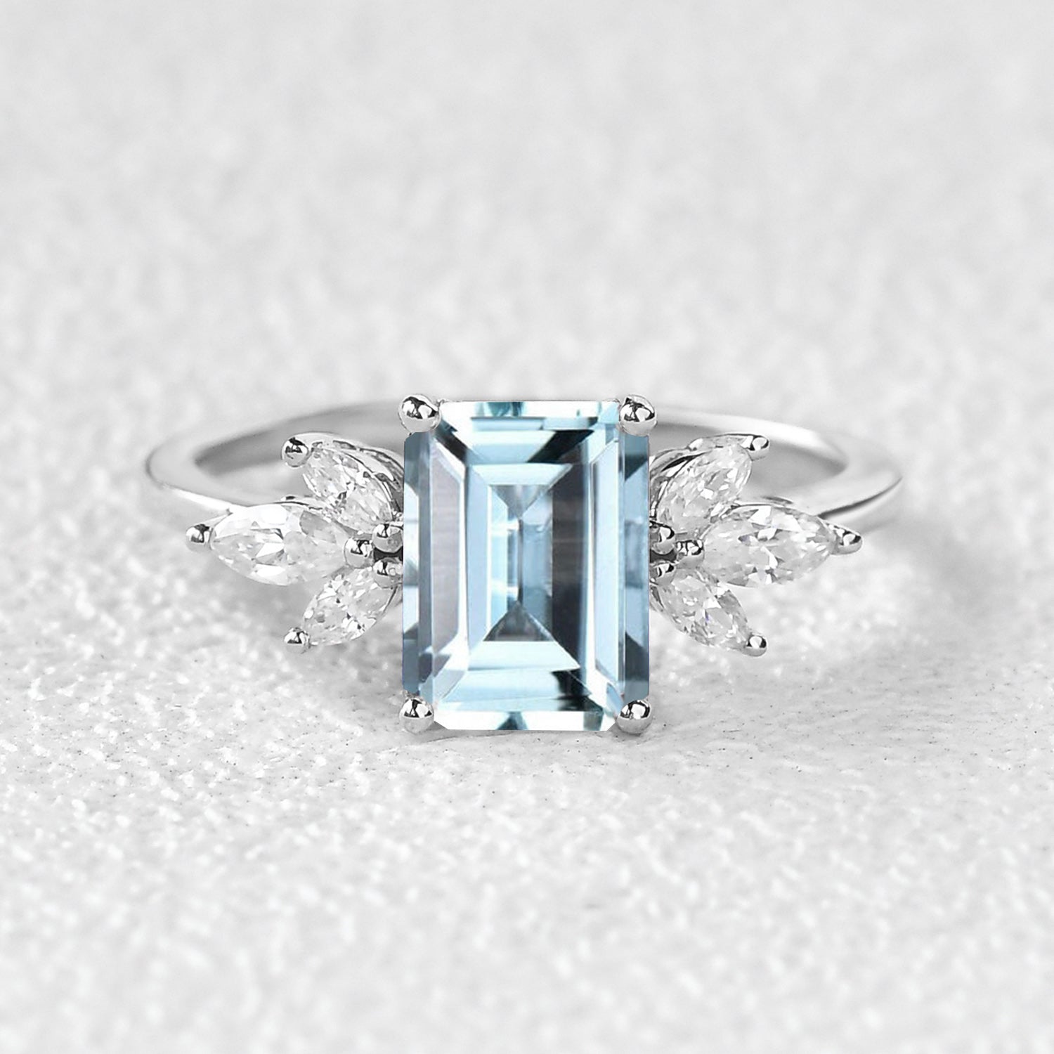 Emerald Cut Moss Agate Cluster Engagement Ring