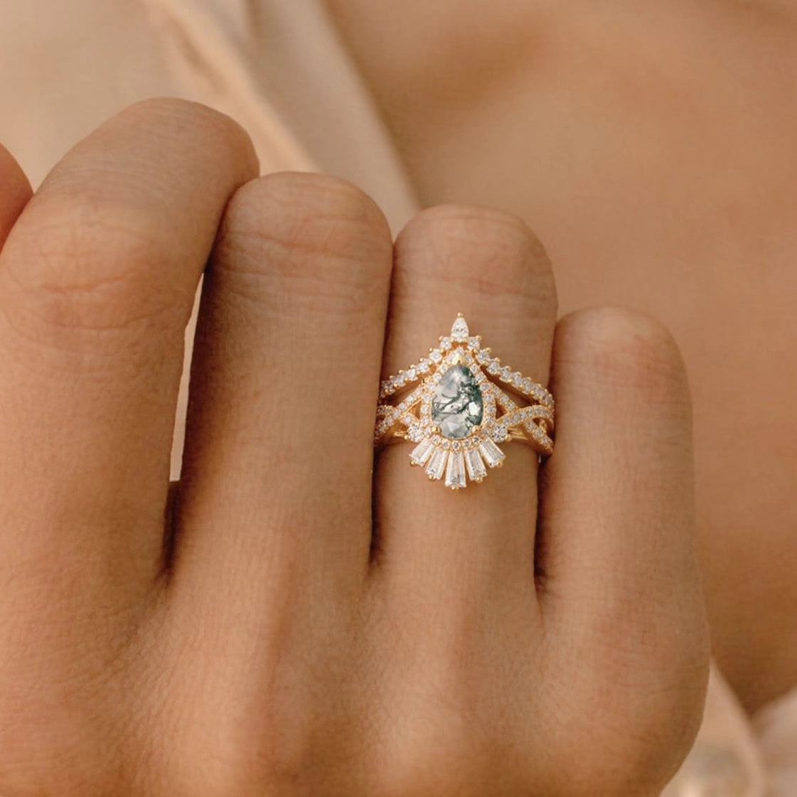 Elara's Crown | Pear Moss Agate Halo Baguette Bridal Set 2pcs