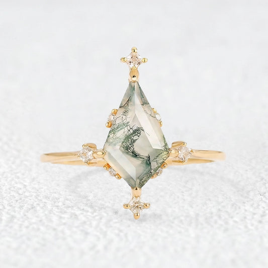 Nature Inspired Kite Cut Moss Agate Engagement Ring