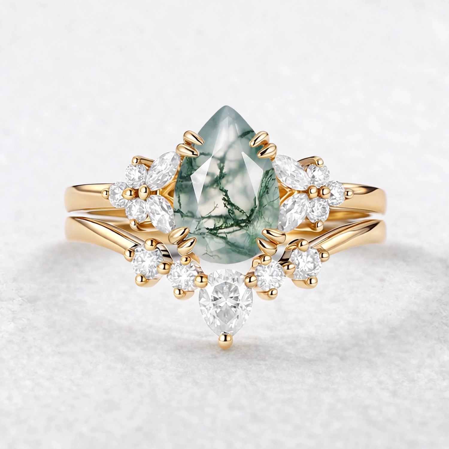 Cerys Pear Shaped Moss Agate Cluster Chevron Gold Ring Set 2pcs