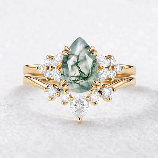 Cerys Pear Shaped Moss Agate Cluster Chevron Gold Ring Set 2pcs