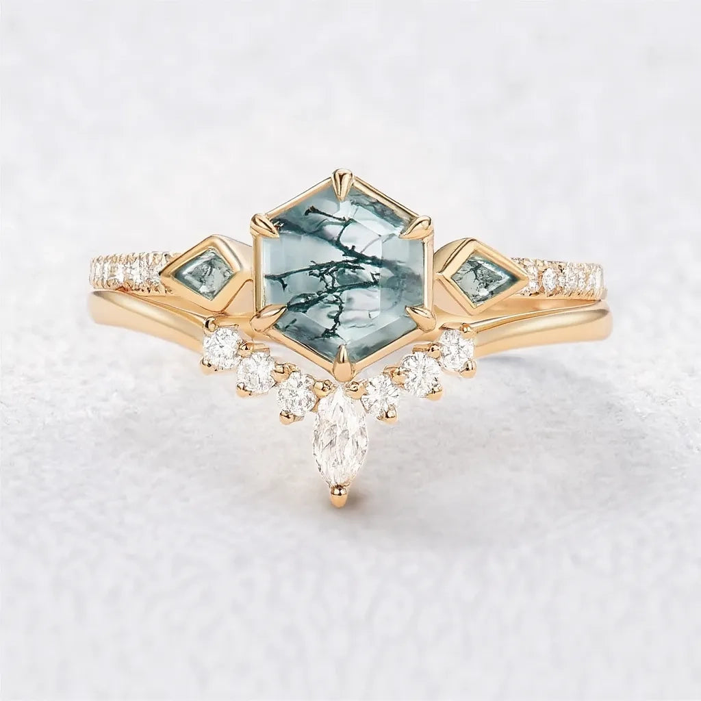 Linden’s Meadow |  Hexagon Moss Agate Three Stone Bridal Set 2pcs