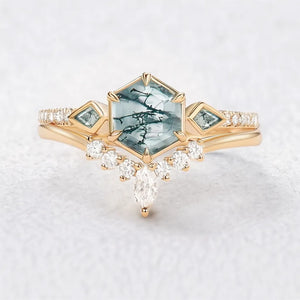 Linden’s Meadow |  Hexagon Moss Agate Three Stone Bridal Set 2pcs