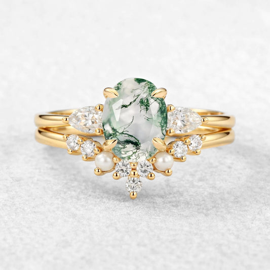 Nancy Oval Cut Moss Agate Vintage Gold Ring Set 2pcs