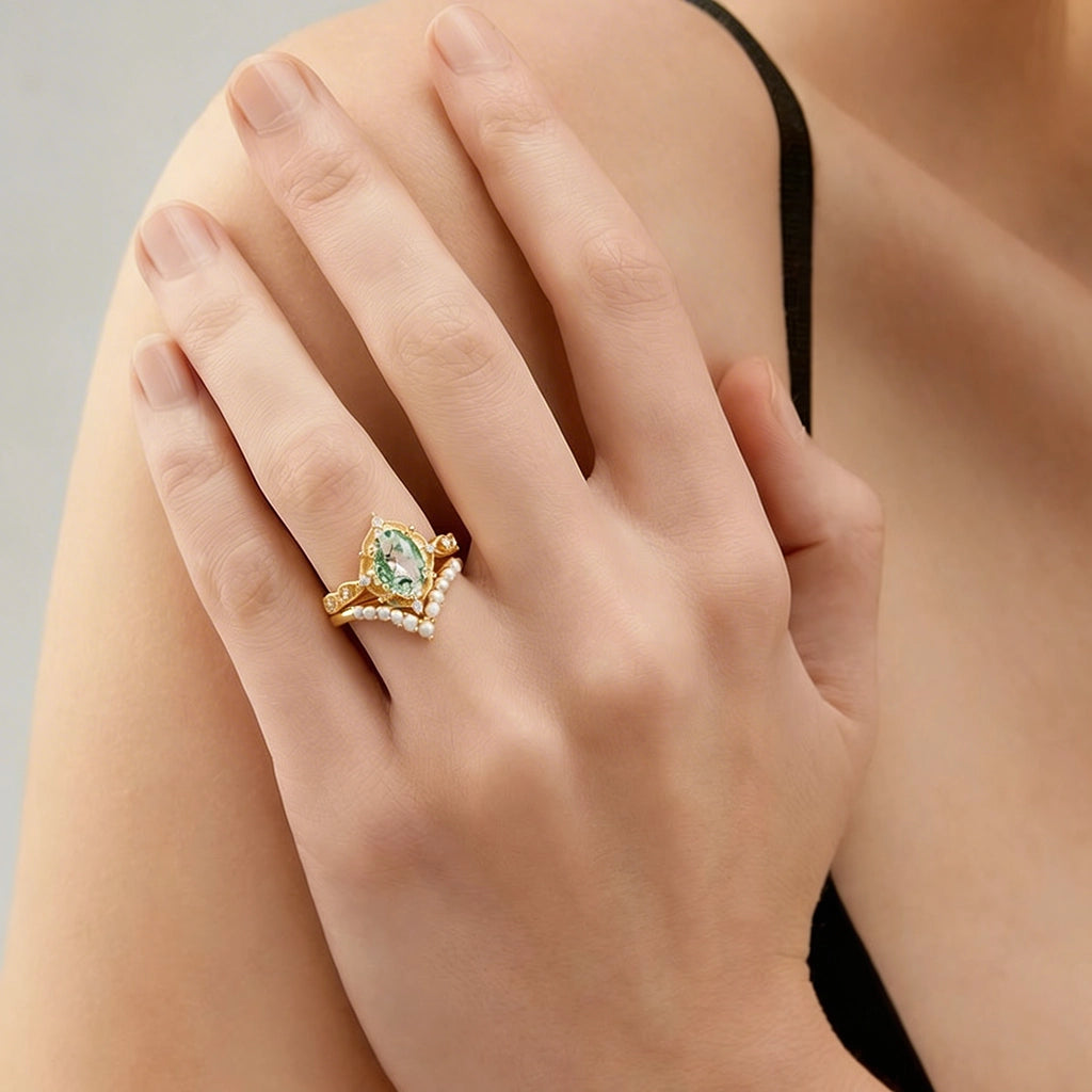 Slate Oval Cut Moss Agate & Pearl Vintage Gold Ring Set 2pcs