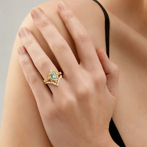 Slate Oval Cut Moss Agate & Pearl Vintage Gold Ring Set 2pcs