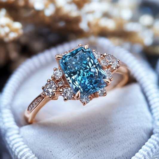 Bethany 3CT Radiant Cut Blue Gemstone Halo Ring