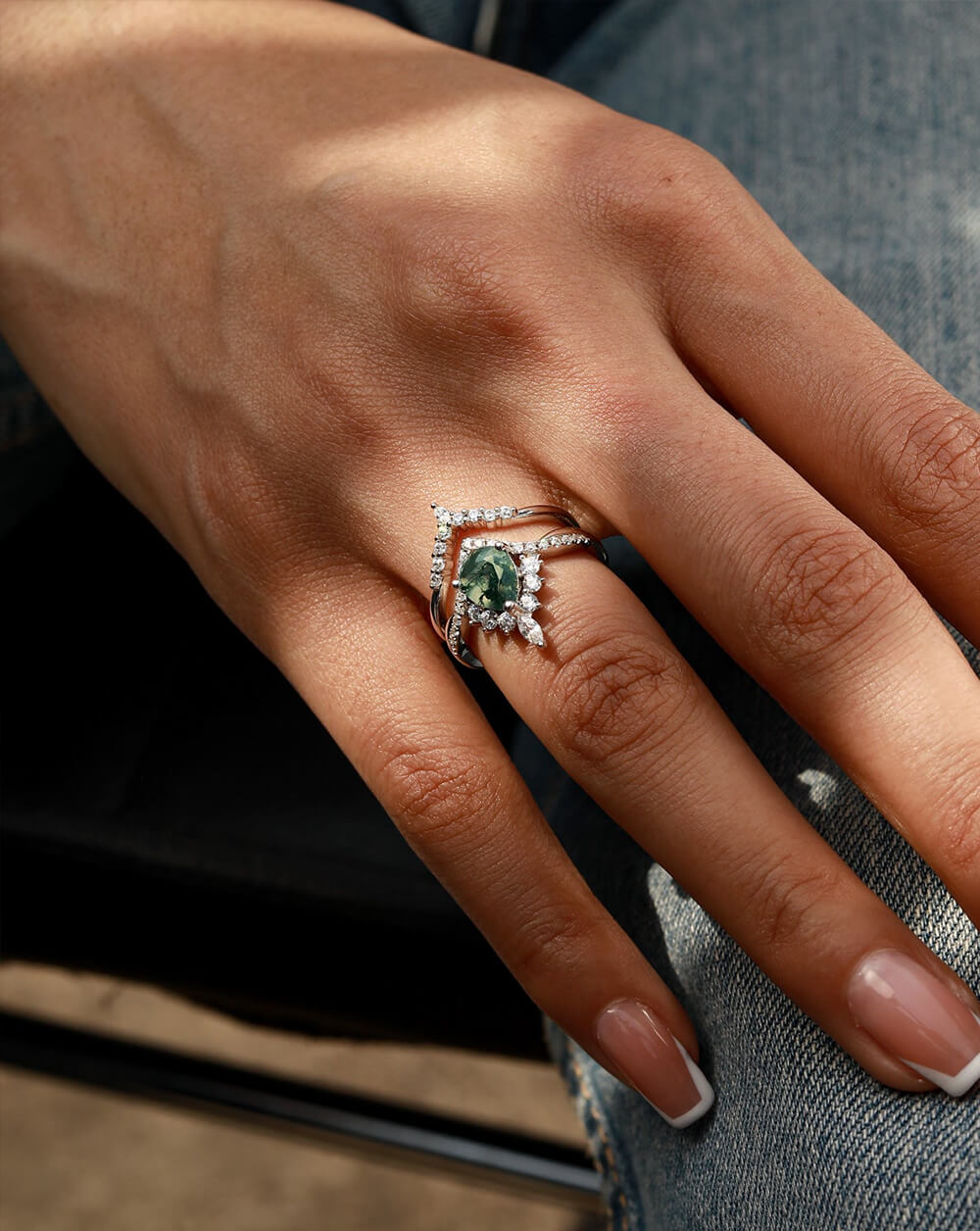 Pear Stack Moss Agate Leaf Engagement Ring Set
