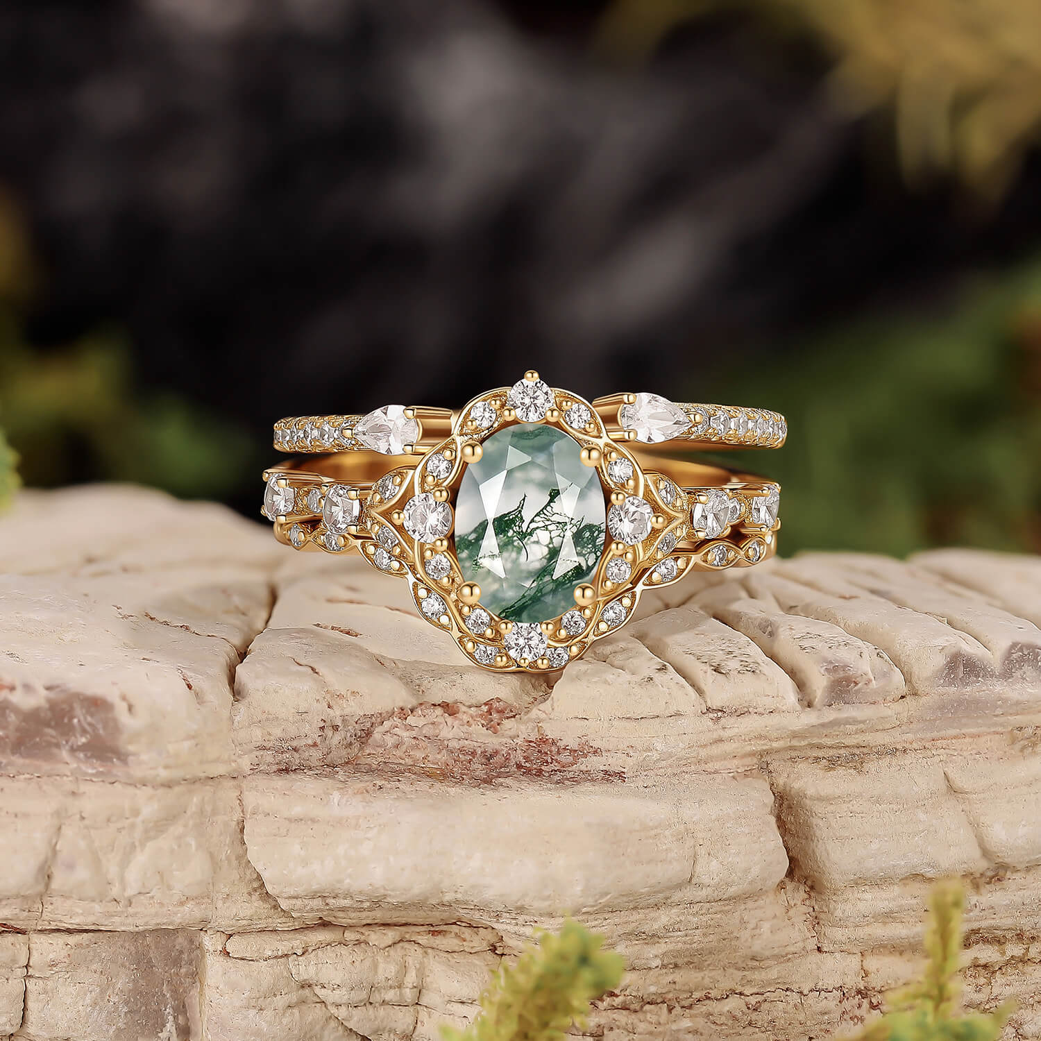 Unique Oval Cut Moss Agate Cluster Engagement Ring Set 3pcs