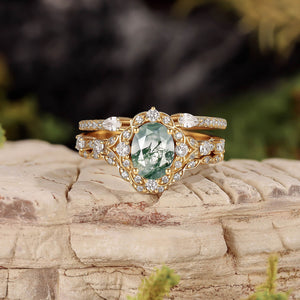 Unique Oval Cut Moss Agate Cluster Engagement Ring Set 3pcs