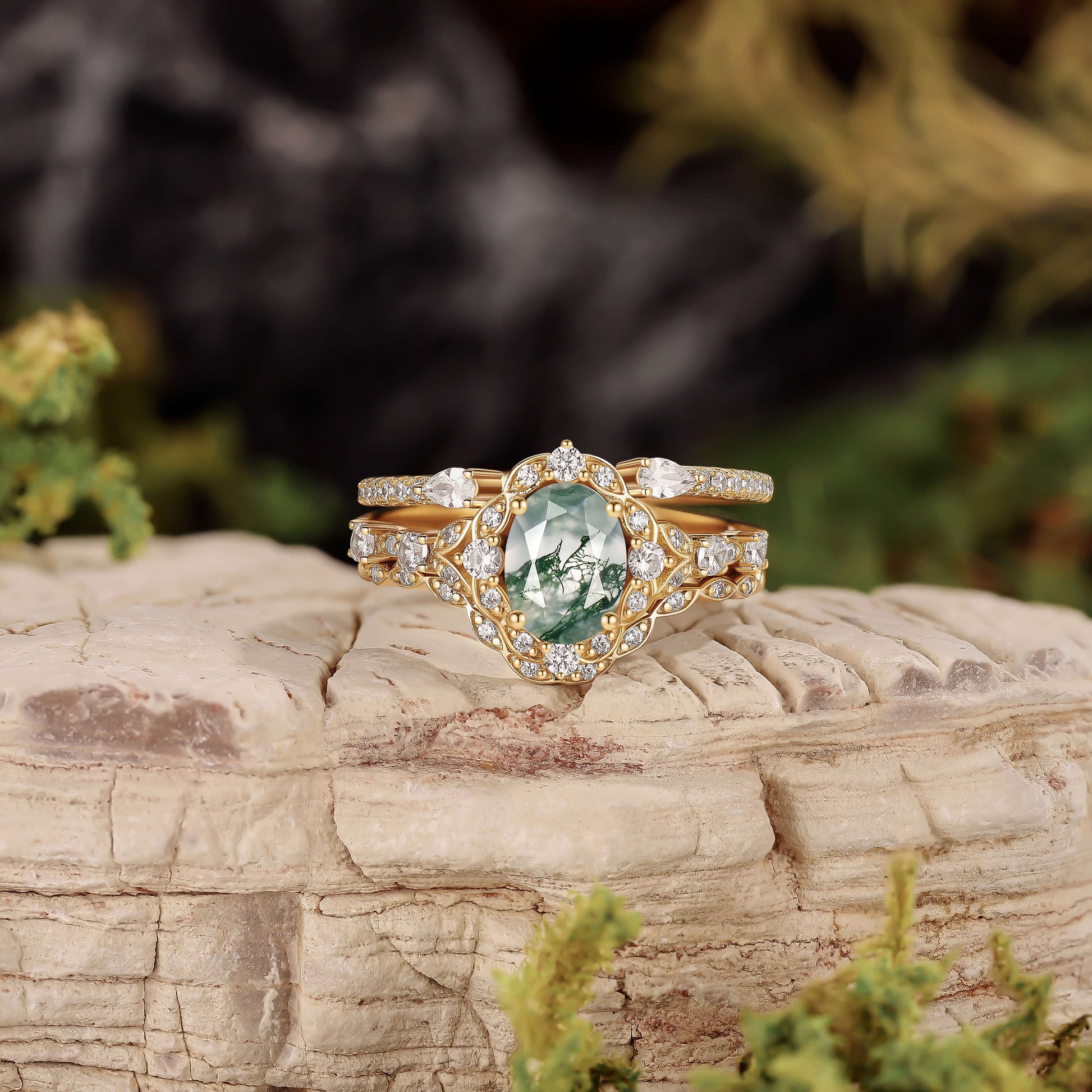 Unique Oval Cut Moss Agate Cluster Engagement Ring Set 3pcs
