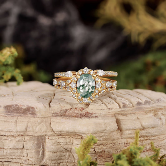 Unique Oval Cut Moss Agate Cluster Engagement Ring Set 3pcs