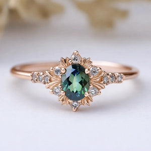 Vintage Oval Cut Royal Glow Emerald Halo Engagement Ring