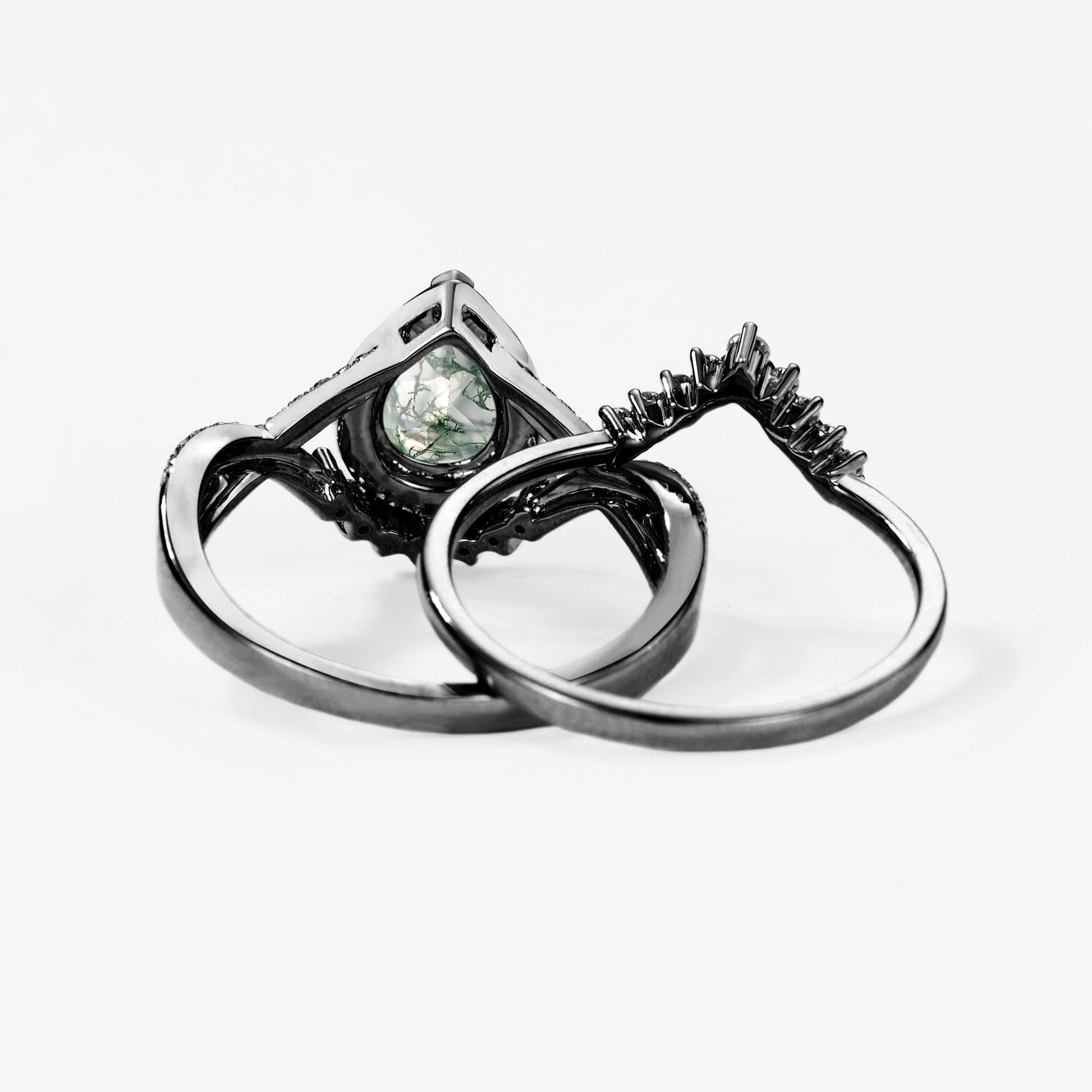 Black Gold Pear Moss Agate Halo Infinity Ring Set 2pcs - Valentina