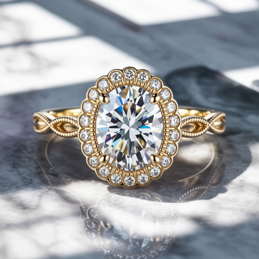 The Rosalind 3CT Oval Cut Moissanite Halo Ring