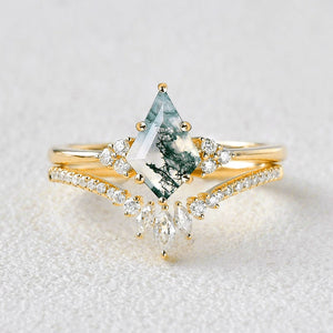 Lydia Unique Moss Agate Engagement Couple Ring Set 3pcs