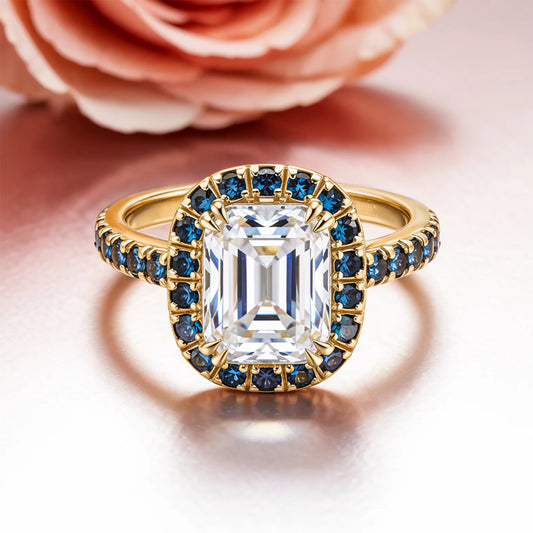 The Isolde 2CT Emerald Cut Halo Moissanite Ring