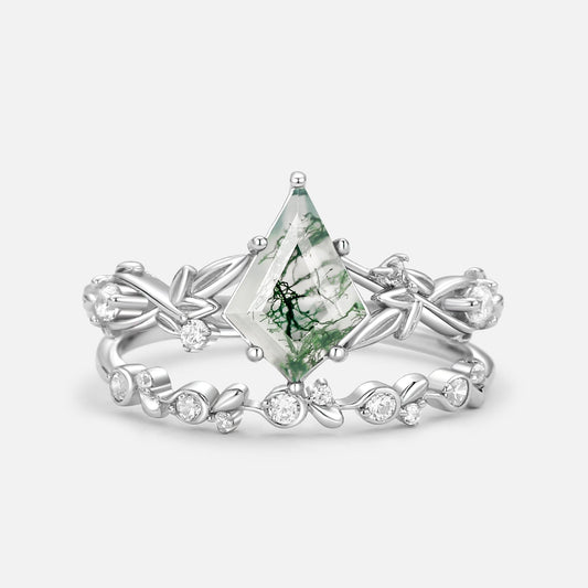Leafy Kite Cut Moss Agate Engagement Ring & Straight Band Sets 2pcs
