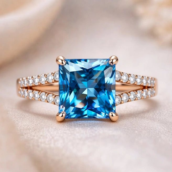 Aurora’s Gleam | 2CT Princess Cut Blue Sapphire Ring