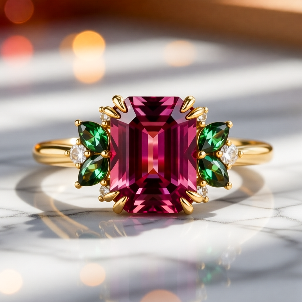 The Solandra Ember | 3CT Emerald Cut Ruby Halo Ring