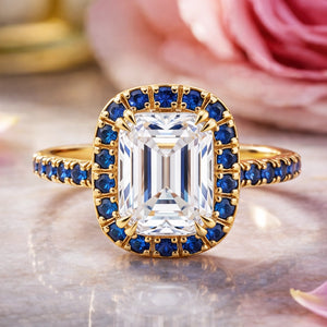 Aurora’s Gleam | 2CT Emerald Cut Halo Moissanite Ring